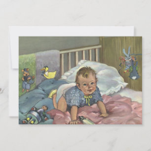 Carte Bébé mignon vintage jouant dans un berceau, heure 