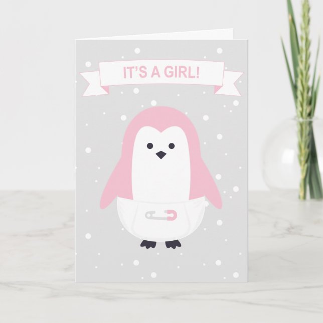 Carte bébé Pingouin Rose (Devant)