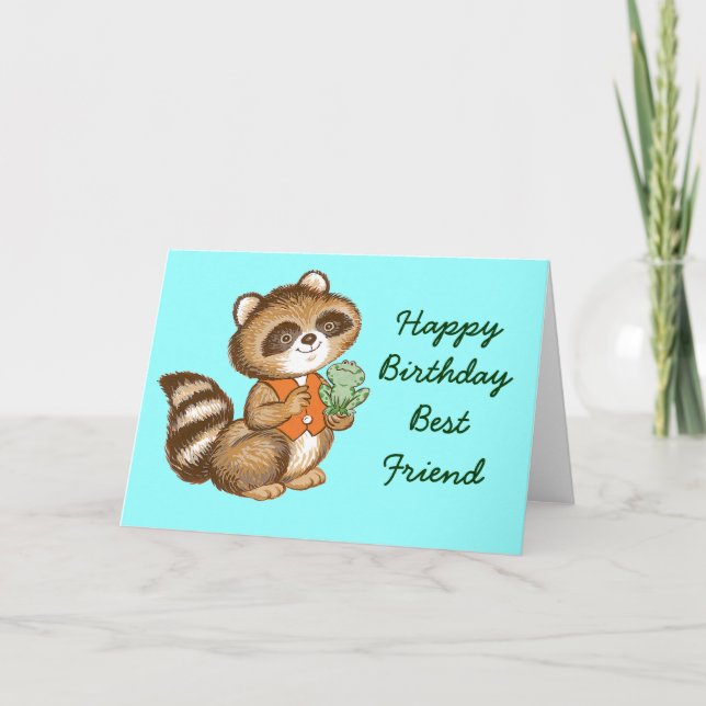 Carte Bébé Raccoon en Orange Vest avec meilleur ami Gren (Devant)