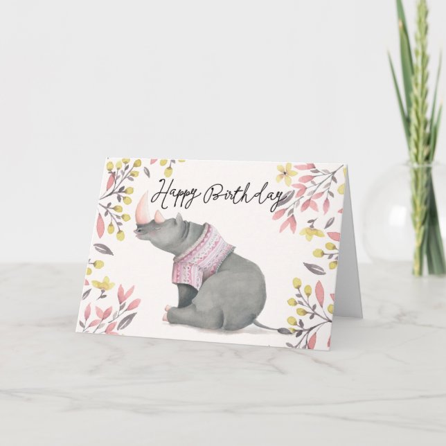 Carte Bébé Rhinoceros & Birdies Aquarelle Anniversaire (Devant)