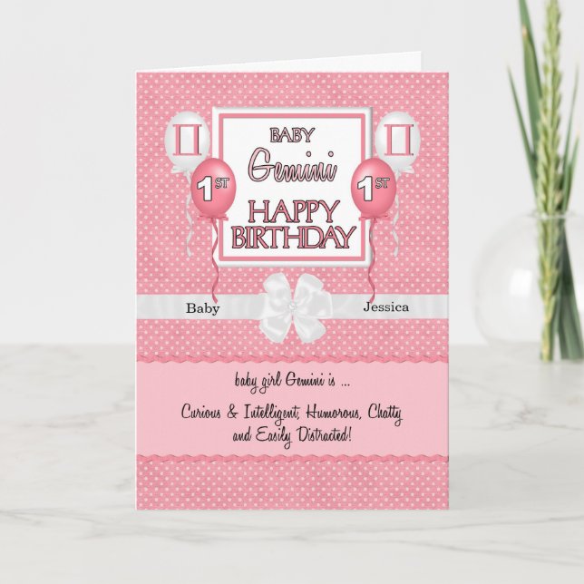 Carte Bébé rose Gemini Zodiac 1er anniversaire (Devant)