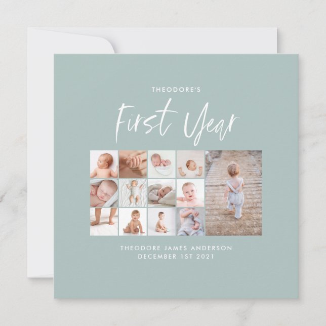 Carte Bébés première année photo collage script bleu (Devant)