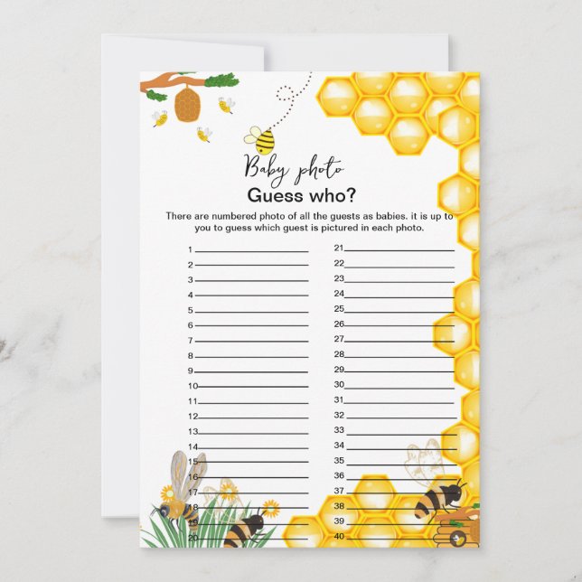Carte Bee thème baby shower deviner qui jeu (Devant)