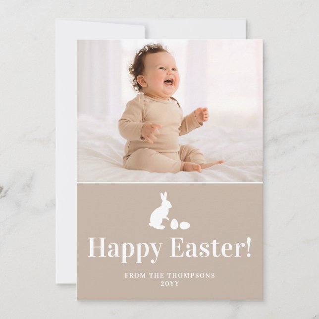 Carte Beige And White Bunny With Custom Photo Easter (Devant)