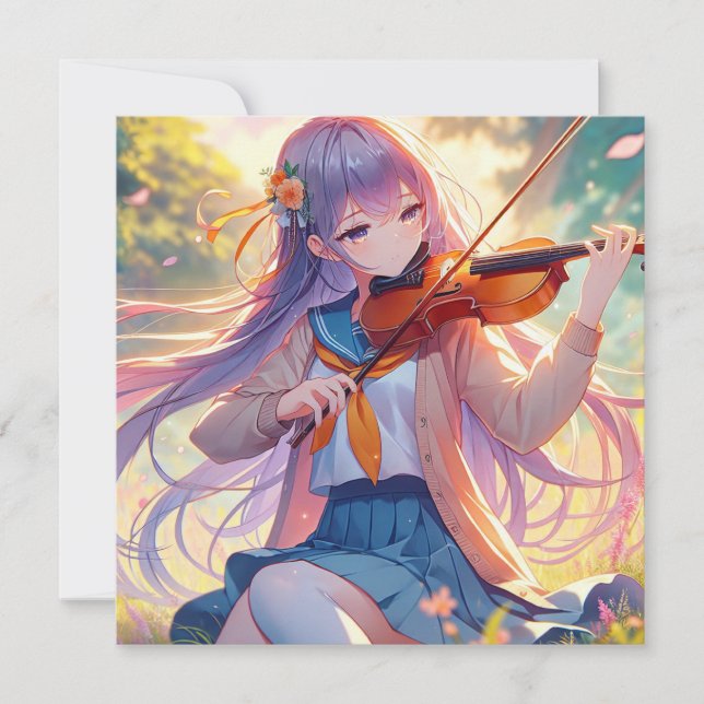 Carte Belle Anime Girl Jouant du Violon (Devant)