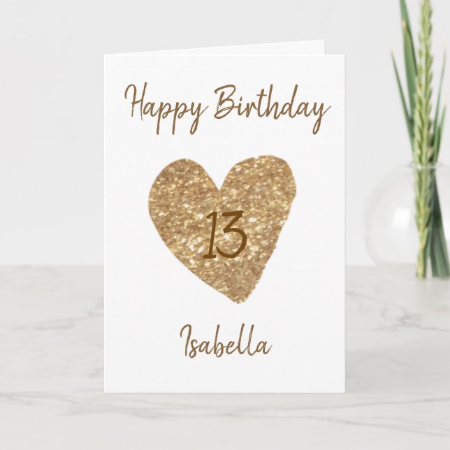 Carte Belle aquarelle or Coeur 13e anniversaire (Devant)