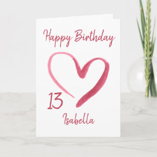Carte Belle Aquarelle rose Coeur 13e Anniversaire