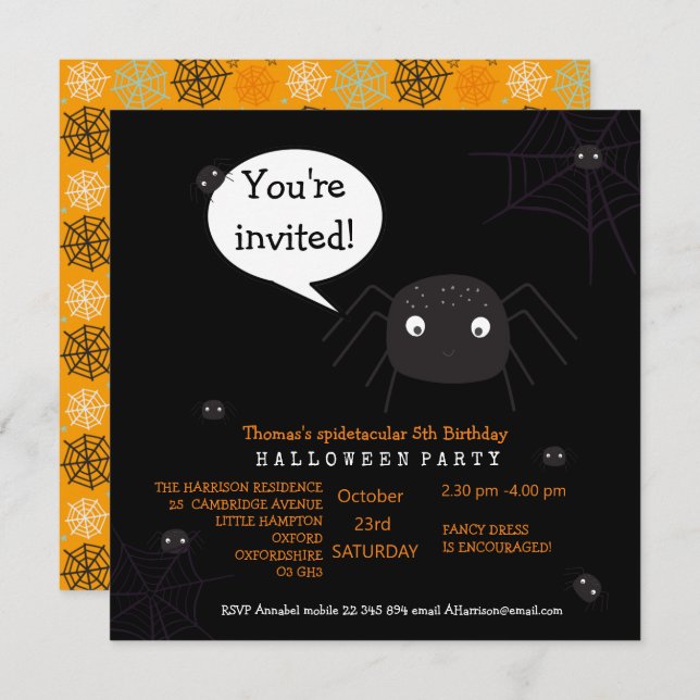Carte Belle araignée Anniversaire/Halloween Enfant (Devant / Derrière)