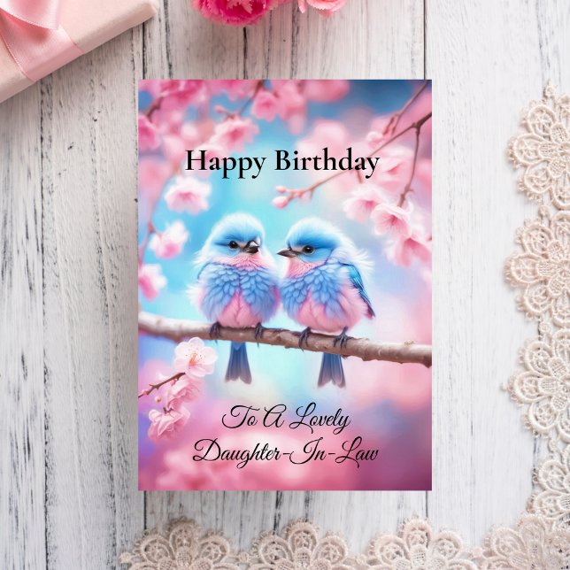 Carte Belle Belle Belle-Fille Bleue Fluffy Anniversaire (Cherished daughter-in-law, delight in this unique birthday card with fluffy bluebirds.)