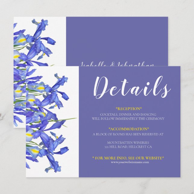 Carte Belle Blue Irises Floral Bouquet Information (Devant / Derrière)