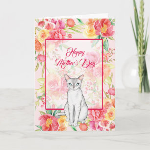 Carte Belle Chat Blanc avec Fleurs Aquarelles