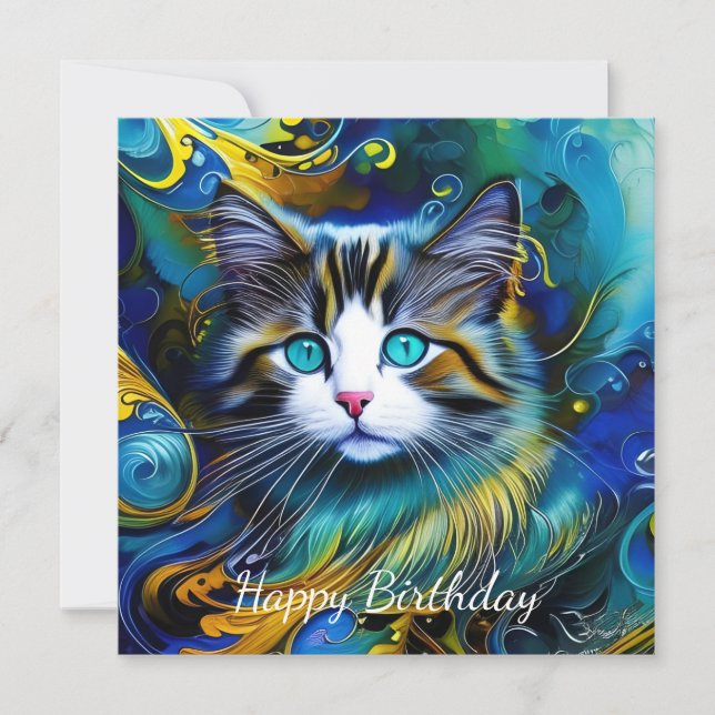 Carte Belle Chat Mystique en Blues et Golds Anniversaire (Devant)