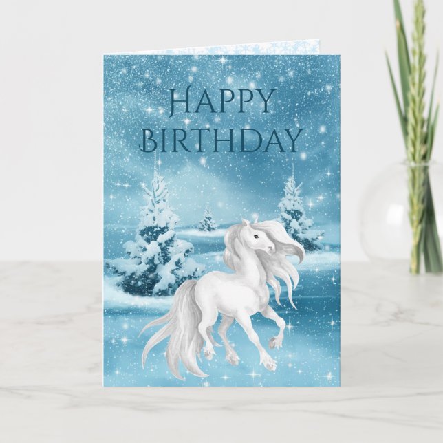 Carte Belle Cheval Blanc Snowy Nuit d'hiver Anniversaire (Devant)