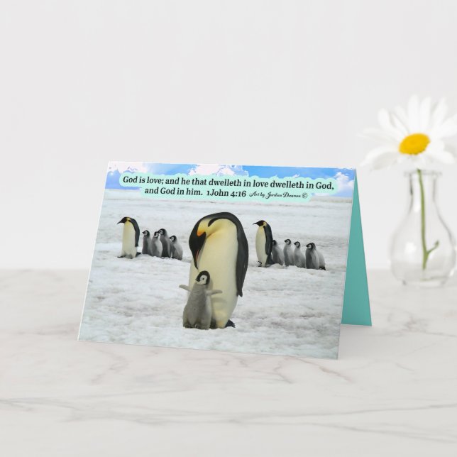 Carte Belle Écriture sur le Manchot 1 Jean 4:16: (Petite plante)