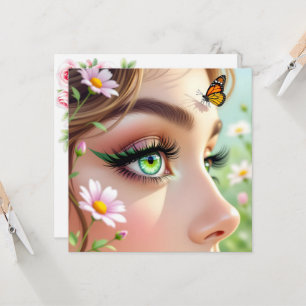 Carte Belle fée verte et blanc papillon