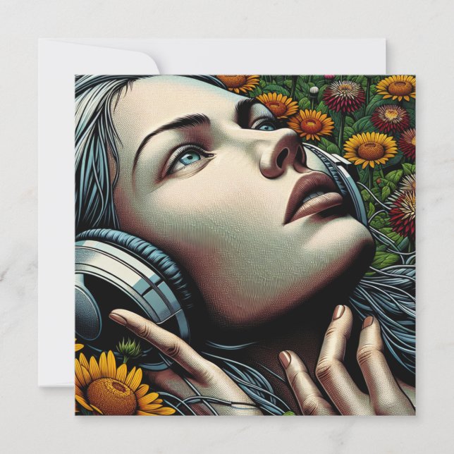 Carte Belle femme avec casque dans les tournesols (Devant)