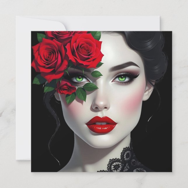 Carte Belle Femme avec Rose Rouge Blanc (Devant)