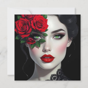 Carte Belle Femme avec Rose Rouge Blanc