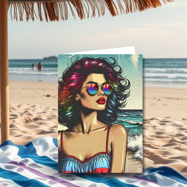 Carte Belle femme sur la plage Pop Art Anniversaire (Créateur téléchargé)