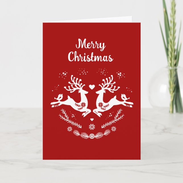 Carte Belle Fête Scandi Rouge Blanc Noël Cerf (Devant)