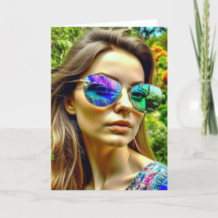 Carte Belle fille avec lunettes de soleil Fleurs de réfl