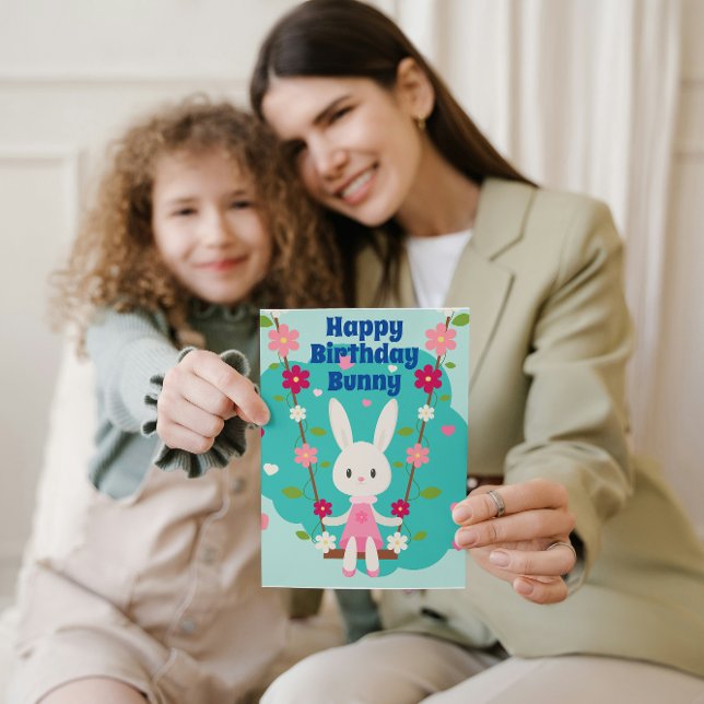 Carte Belle fille blanche lapin avec marguerite illustra (Créateur téléchargé)