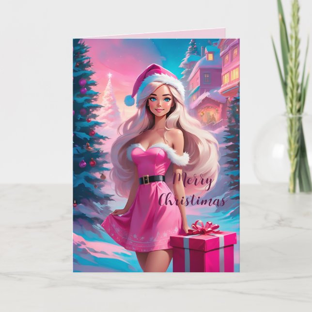 Carte Belle fille de Noël rose 01 (Devant)