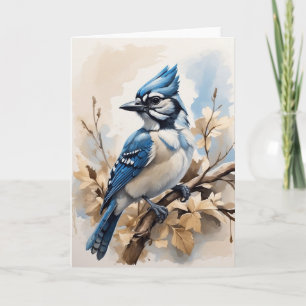 Carte Belle Jay Bleu assis dans l'arbre Feuille Blanc