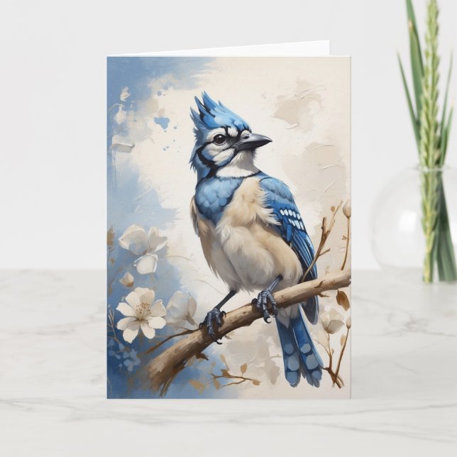 Carte Belle Jay Bleu assise sur des fleurs d'arbre blanc (Devant)