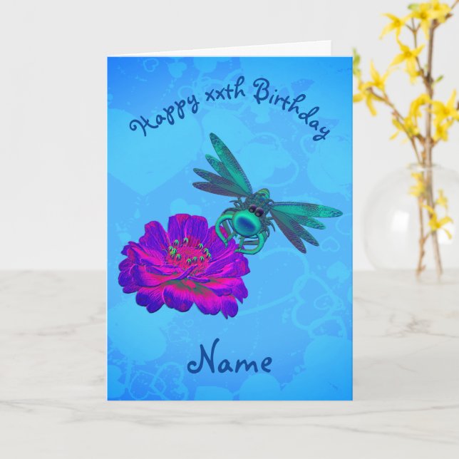 Carte Belle libellule sur fleur Anniversaire personnalis (Fleur jaune)