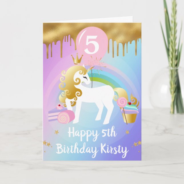 Carte Belle or et blanc Unicorn sucré Anniversaire (Devant)