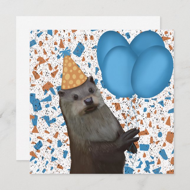 Carte Belle Otter D'Anniversaire Avec Ballons Bleus (Devant / Derrière)