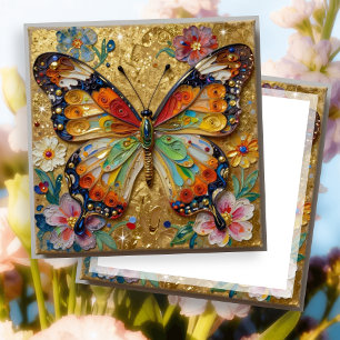Carte Belle Papillon et Fleurs en Impasto sur Fond Blanc