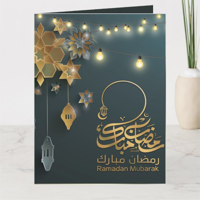 Carte Belle Ramadan Moubarak Golden & Blue Typographie (Devant)