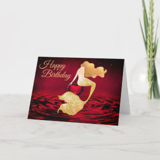 Carte Belle sirène d'or avec le coeur rouge Anniversaire