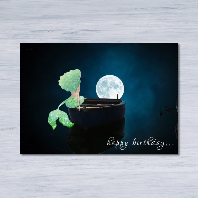 Carte Belle sirène en bateau avec Pleine lune Anniversai (Créateur téléchargé)