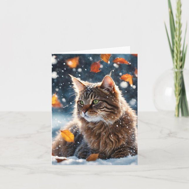 Carte Belle Tabby Gris Chat Feuilles d'automne Blank (Devant)