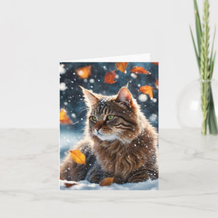 Carte Belle Tabby Gris Chat Feuilles d'automne Blank