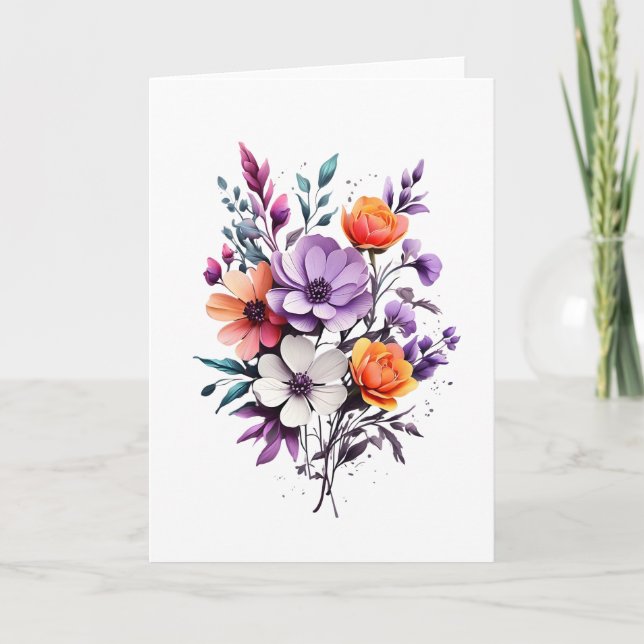 Carte Belles fleurs orange violet blanc vierge  (Devant)