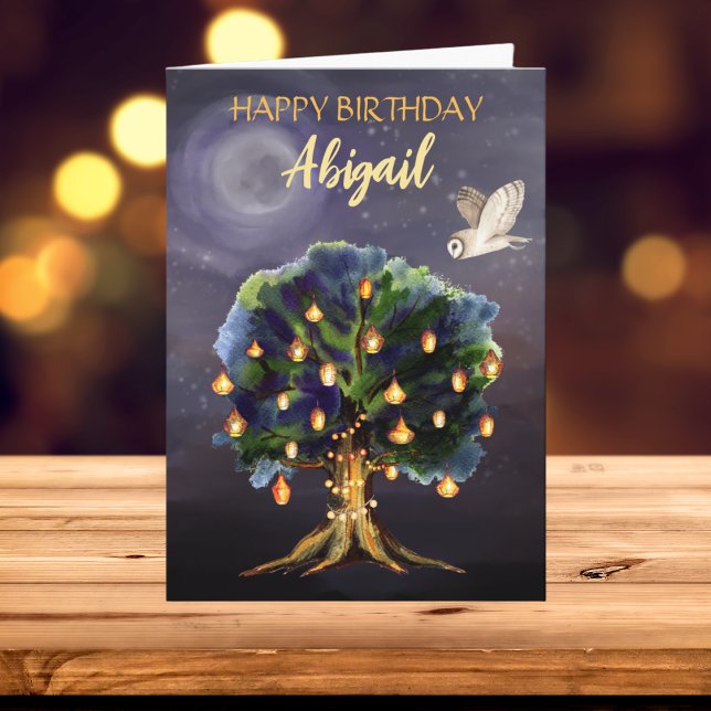Carte Belles lanternes d'arbre, Lune, hibou Joyeux anniv (Créateur téléchargé)