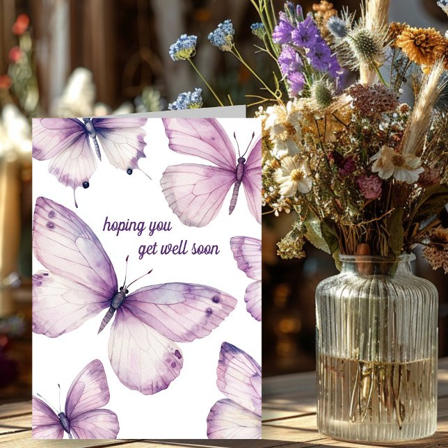 Carte Belles papillons violets SE METTENT BIENTÔT BIEN (Beautiful Purple Butterflies GET WELL SOON Card
)