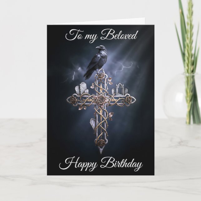 Carte Beloved Personalized Gothic Cross Raven Birthday (Devant)