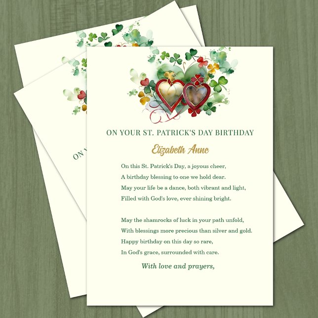 Carte Bénédiction d'anniversaire de la Saint-Patrick Trè (St. Patrick's Day Birthday Blessed with hearts and shamrocks )