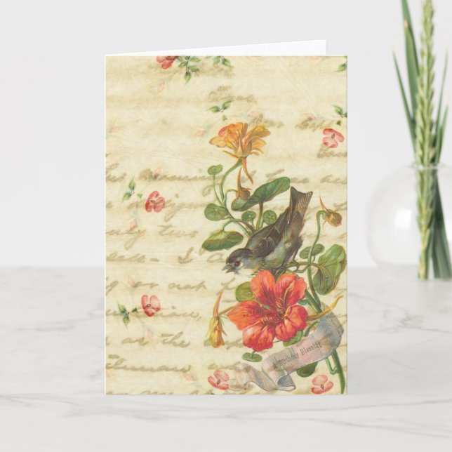 Carte Bénédiction d'anniversaire vintage pour les oiseau (Devant)