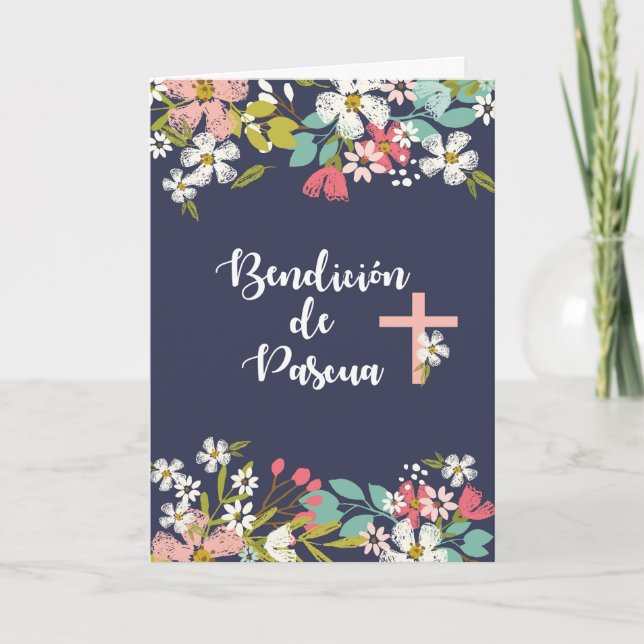 Carte Bénédiction de Pâques en Espagne avec des fleurs s (Devant)