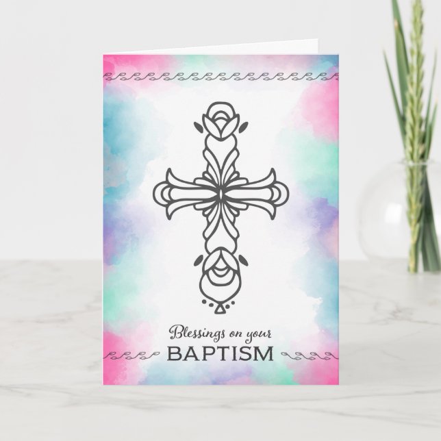 Carte Bénédiction sur votre baptême avec la croix/aquare (Devant)