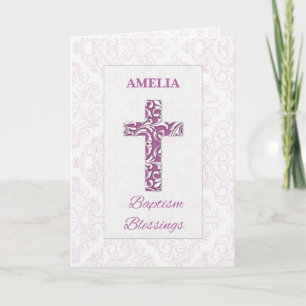 Carte Bénédictions de baptême fille Croix rose Damassé T