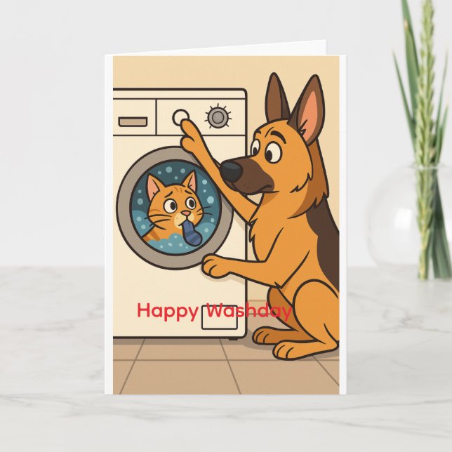 Carte Berger allemand et chat humour lessive  (Devant)