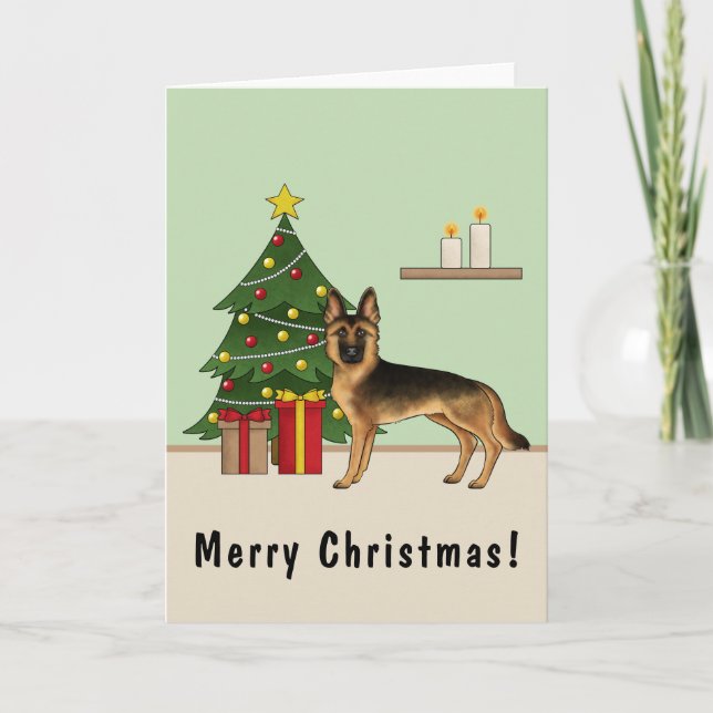 Carte Berger Allemand Noir Et Tan Et Arbre De Noël (Devant)