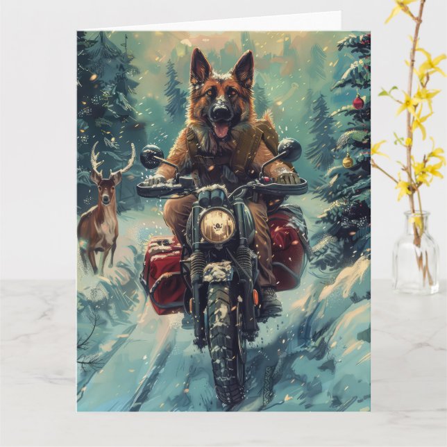 Carte Berger belge Chien à cheval Moto Noël (Fleur jaune)